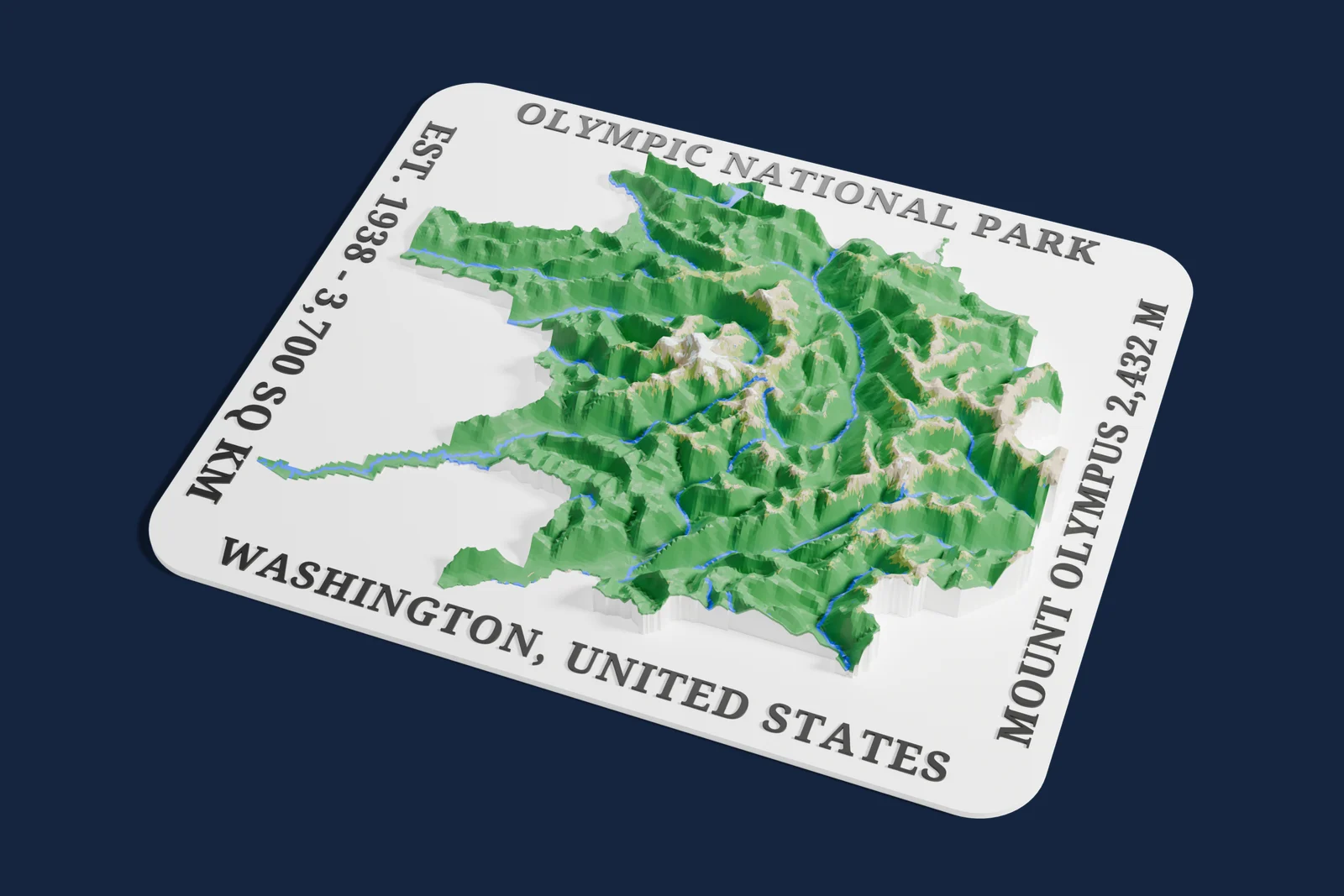 Render of a 3D printed relief map of Olympic National Park, with its terrain, water and land cover in their own colors.