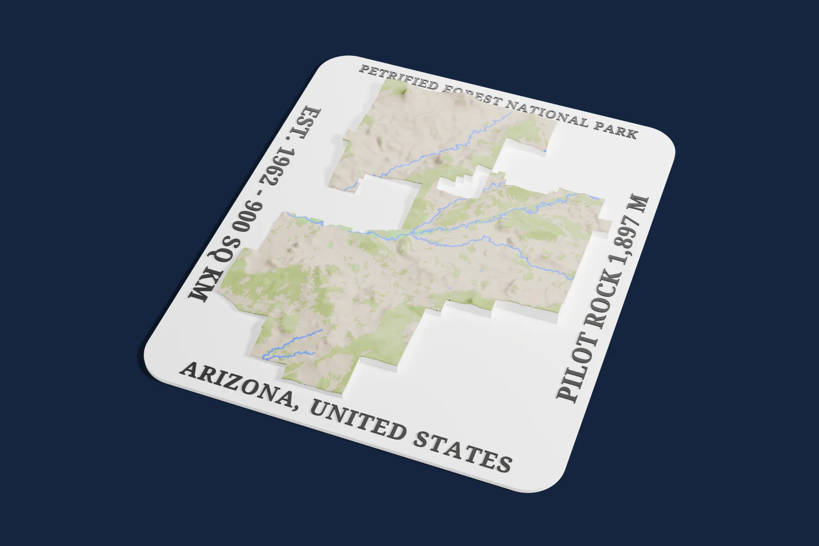 Render of a 3D printed relief map of Petrified Forest National Park, with its terrain, water and land cover in their own colors.