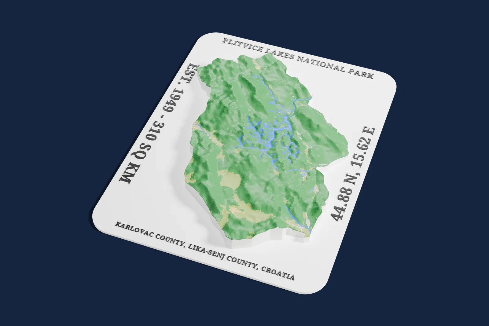 Render of a 3D printed relief map of Plitvice Lakes National Park, with its terrain, water and land cover in their own colors.