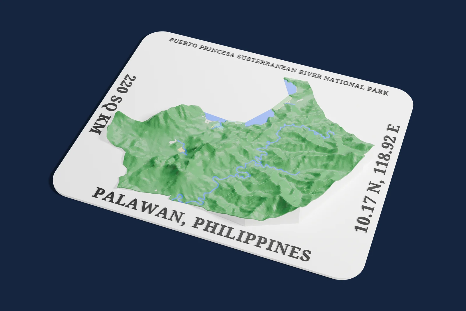 Render of a 3D printed relief map of Puerto Princesa Subterranean River National Park, with its terrain, water and land cover in their own colors.