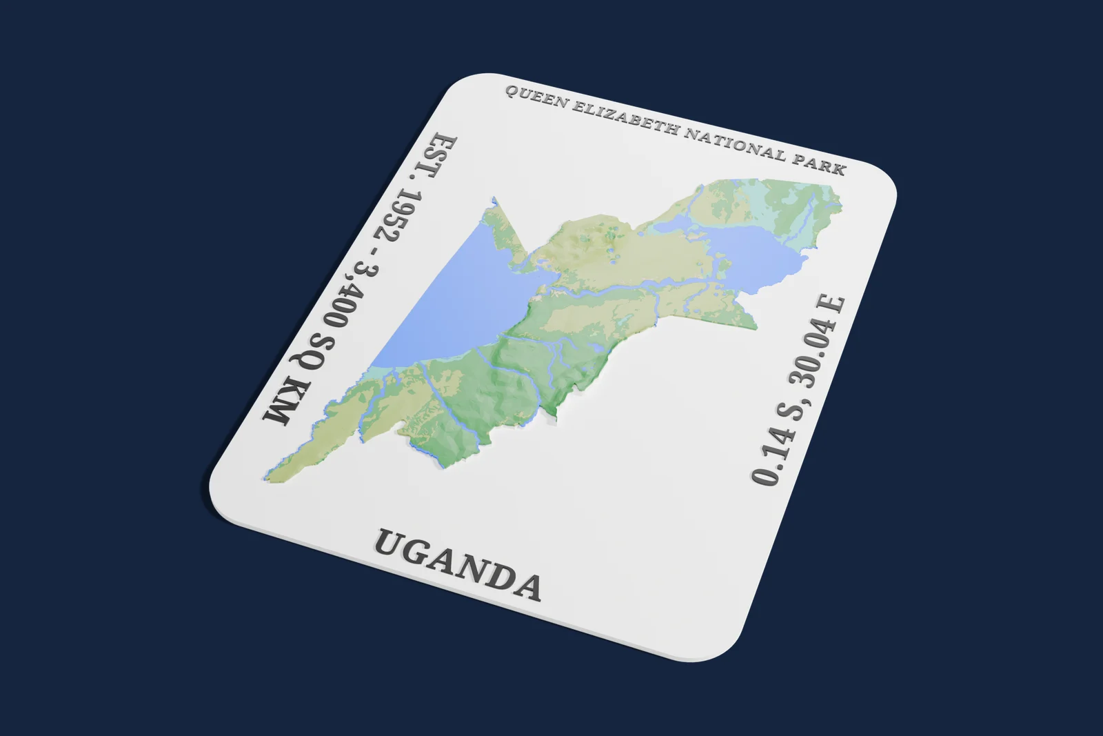 Render of a 3D printed relief map of Queen Elizabeth National Park, with its terrain, water and land cover in their own colors.