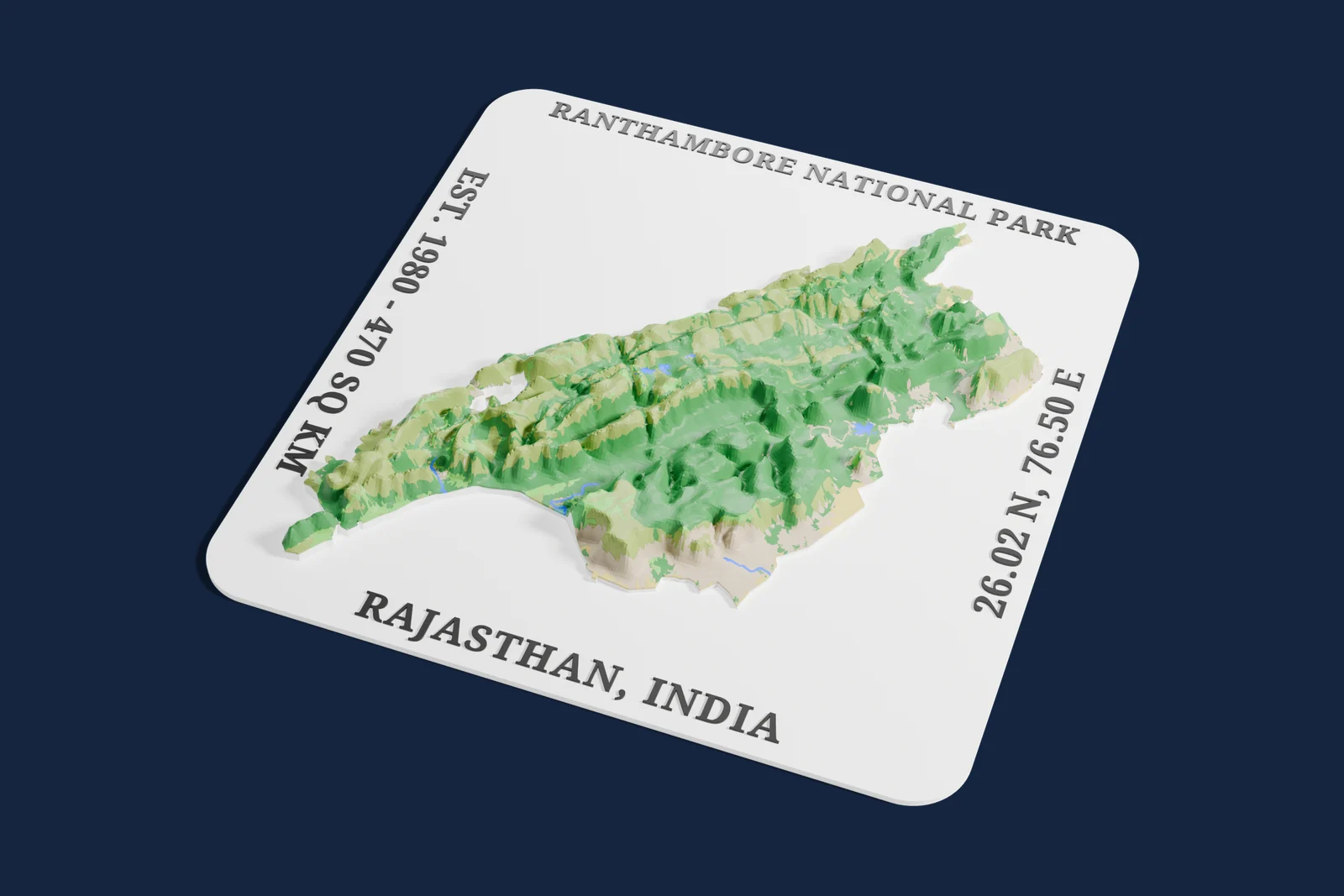 Render of a 3D printed relief map of Ranthambore National Park, with its terrain, water and land cover in their own colors.
