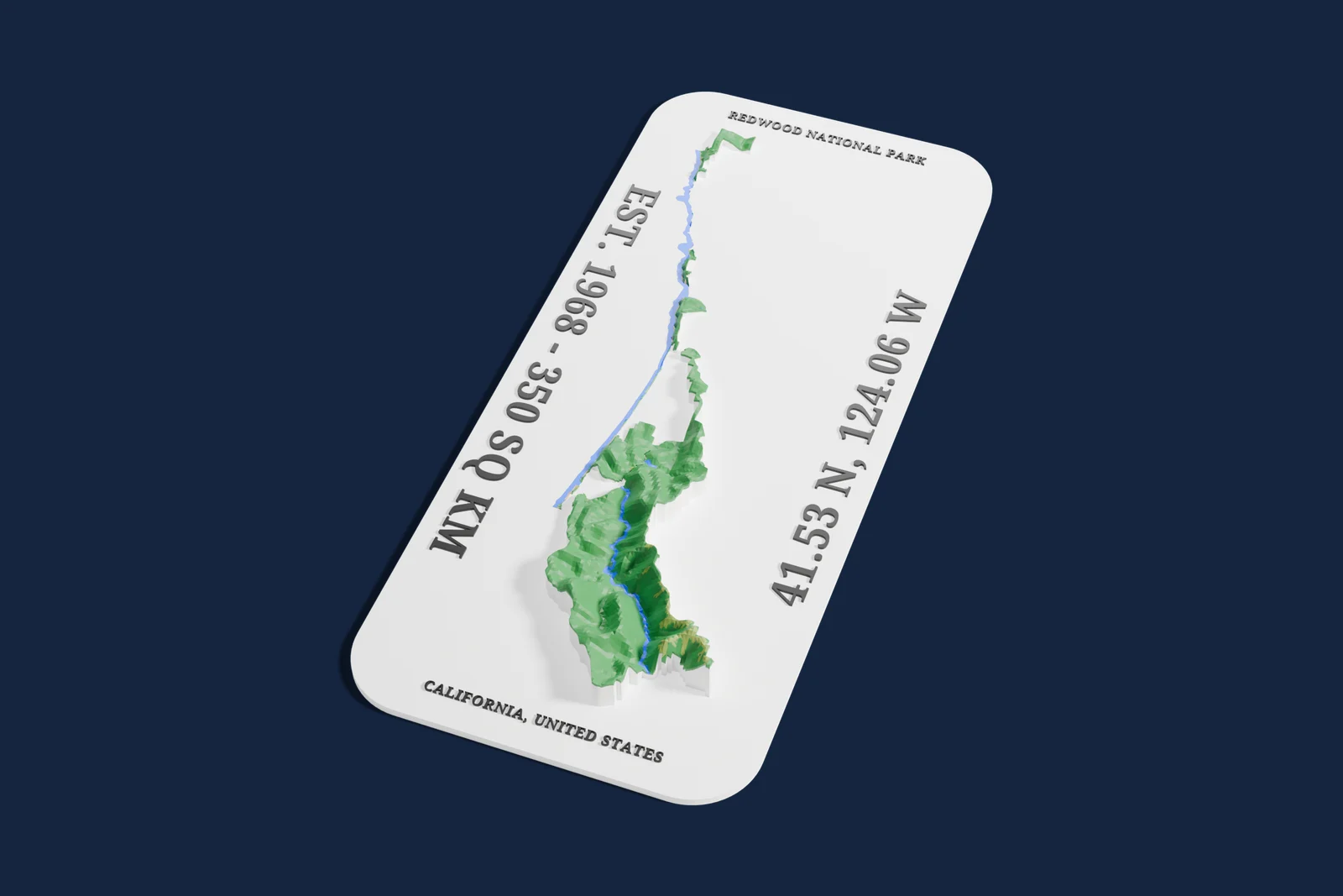 Render of a 3D printed relief map of Redwood National Park, with its terrain, water and land cover in their own colors.