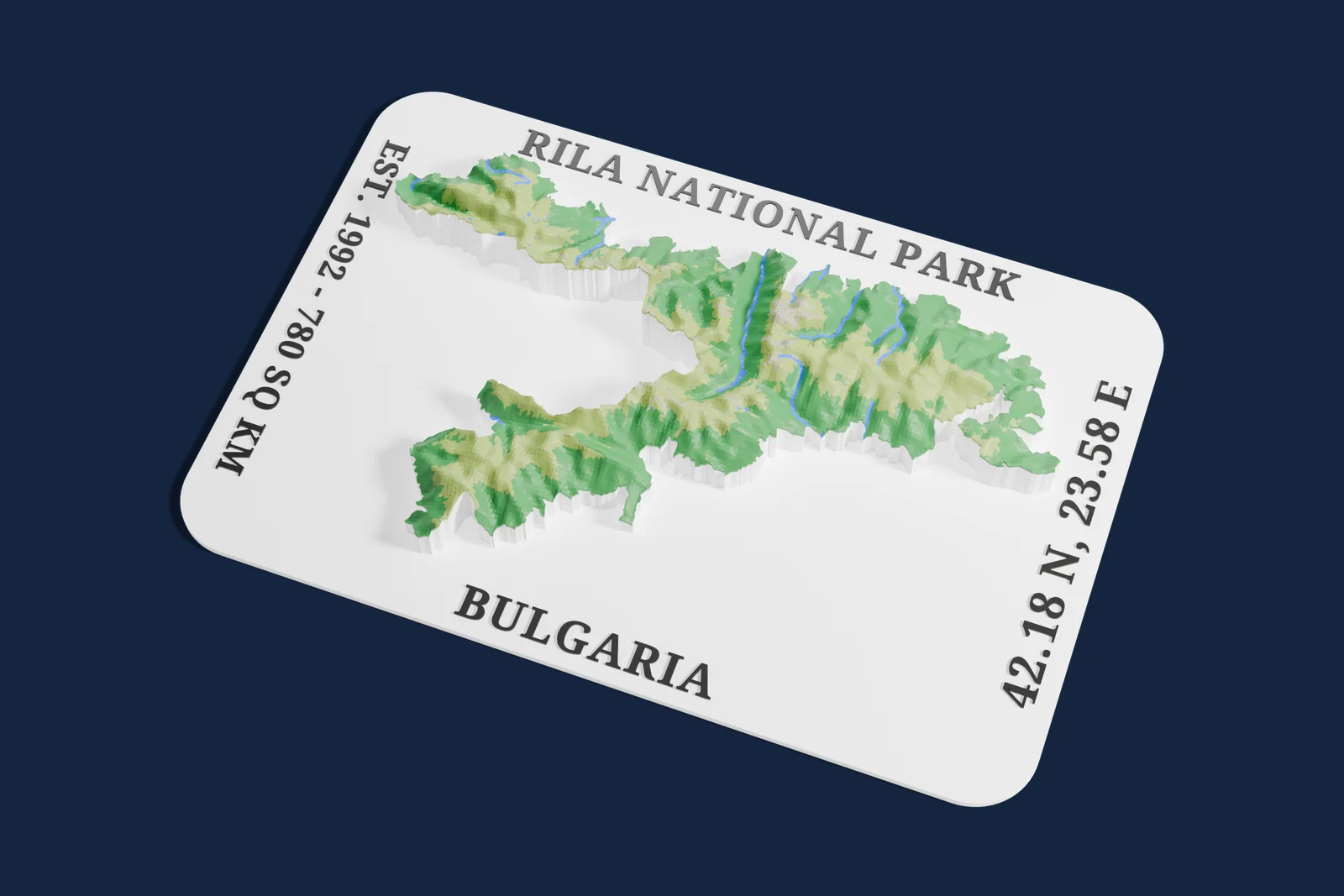 Render of a 3D printed relief map of Rila National Park, with its terrain, water and land cover in their own colors.