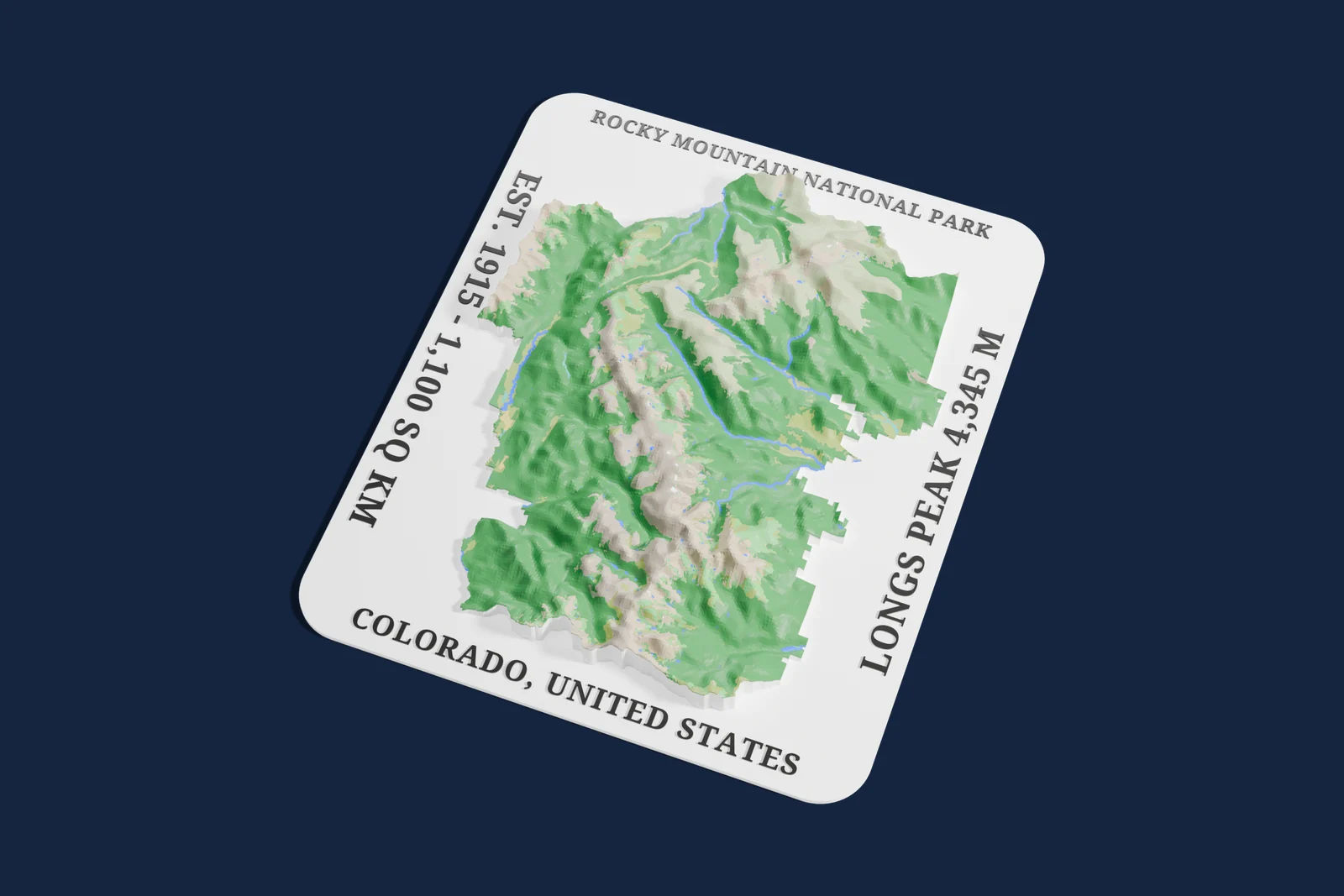 Render of a 3D printed relief map of Rocky Mountain National Park, with its terrain, water and land cover in their own colors.