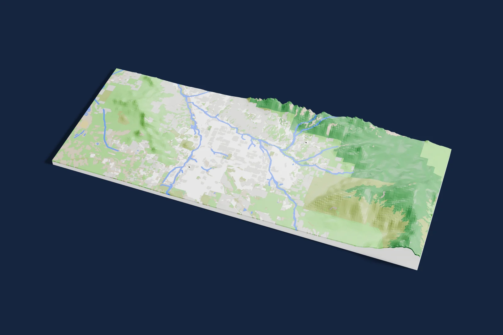 Render of a 3D printed relief map of Saguaro National Park, with its terrain, water and land cover in their own colors.