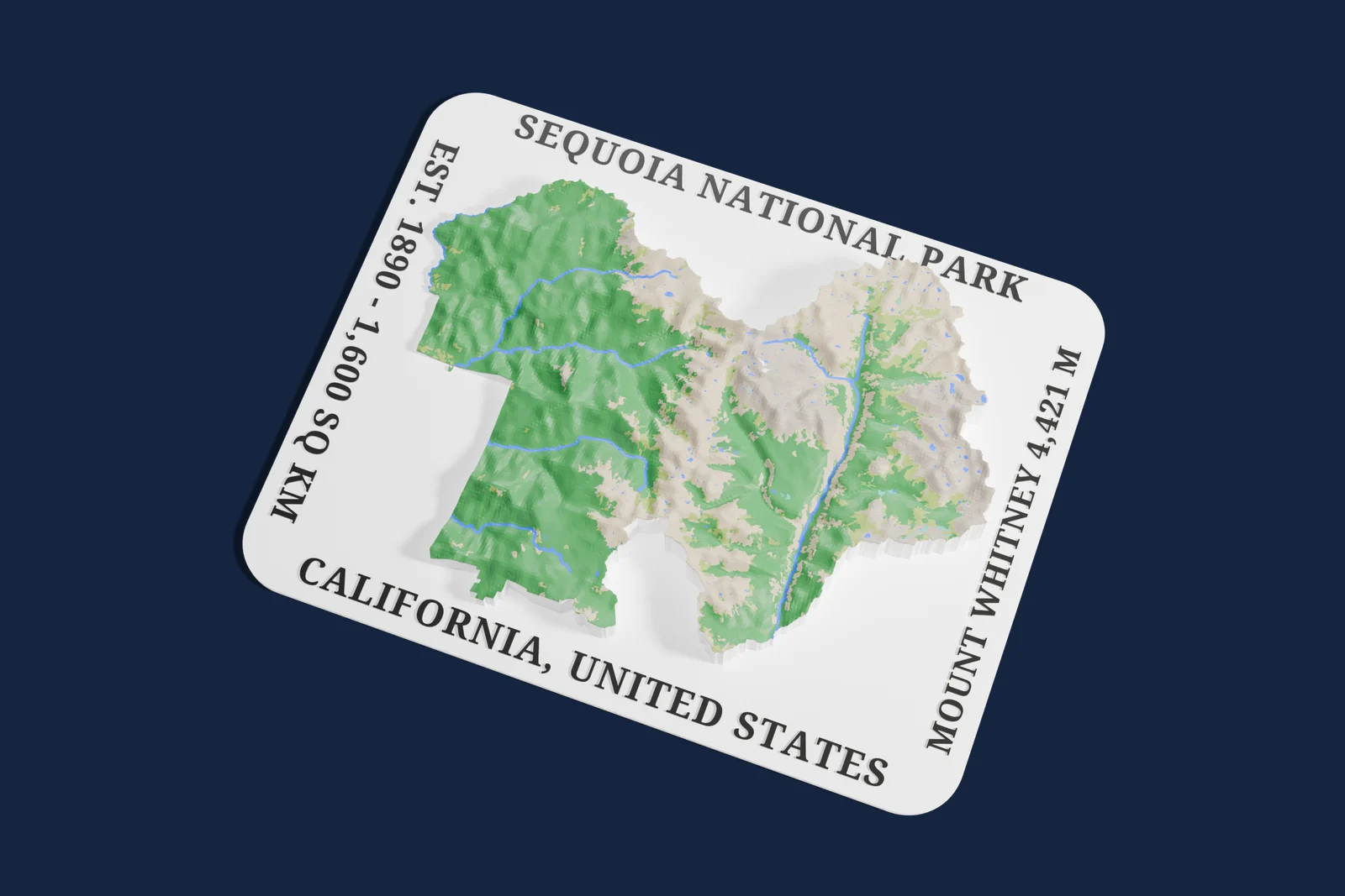 Render of a 3D printed relief map of Sequoia National Park, with its terrain, water and land cover in their own colors.