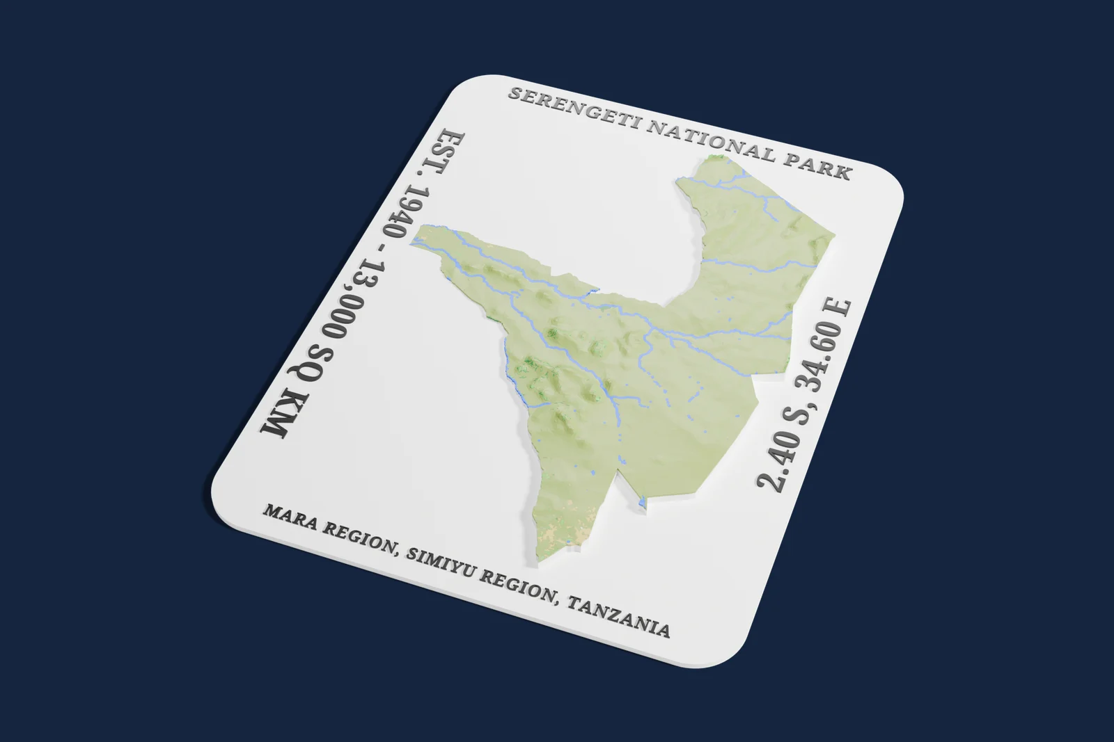 Render of a 3D printed relief map of Serengeti National Park, with its terrain, water and land cover in their own colors.