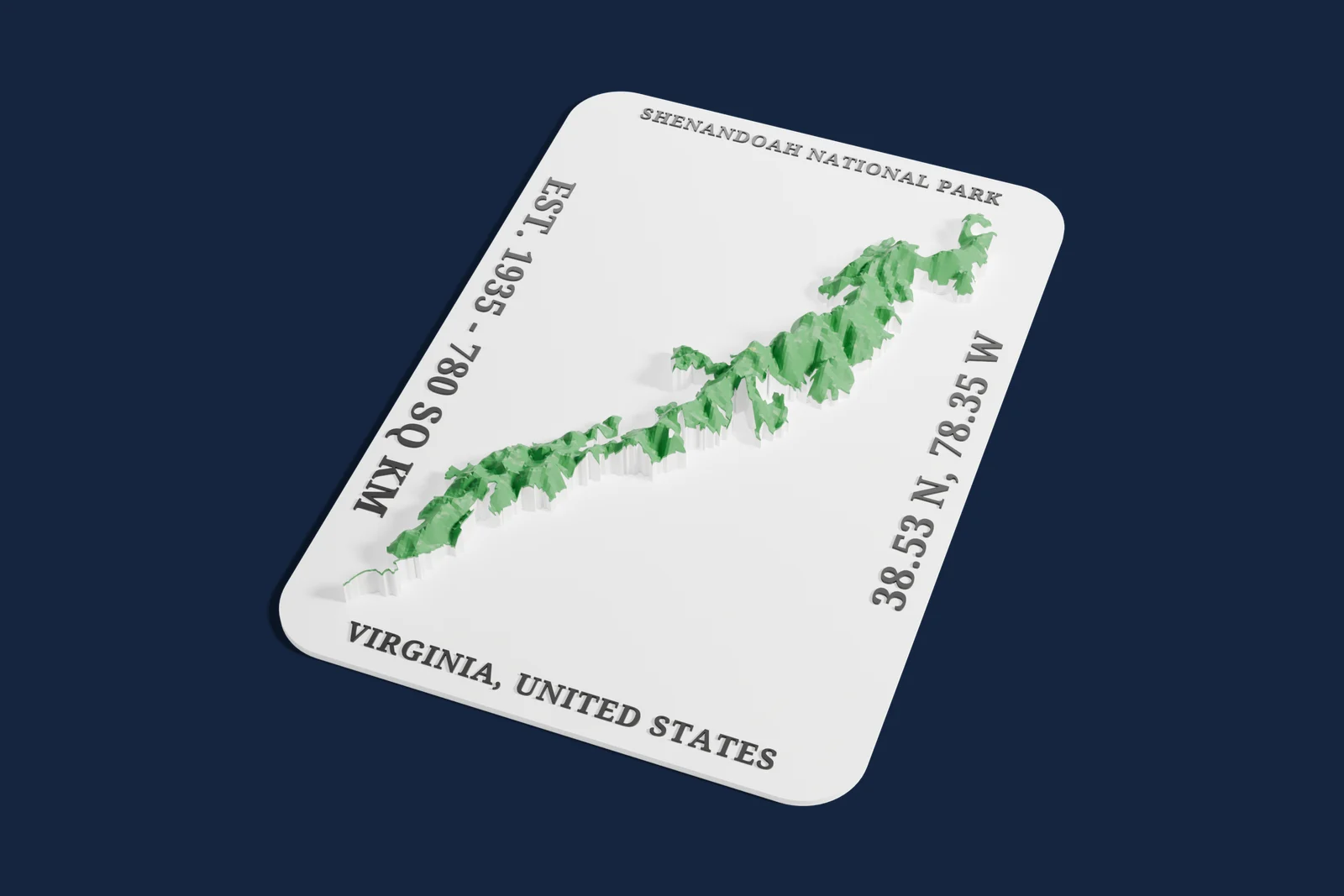 Render of a 3D printed relief map of Shenandoah National Park, with its terrain, water and land cover in their own colors.