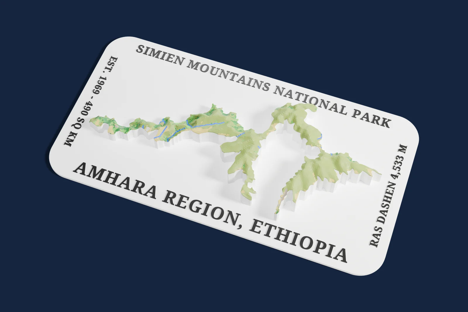 Render of a 3D printed relief map of Simien Mountains National Park, with its terrain, water and land cover in their own colors.