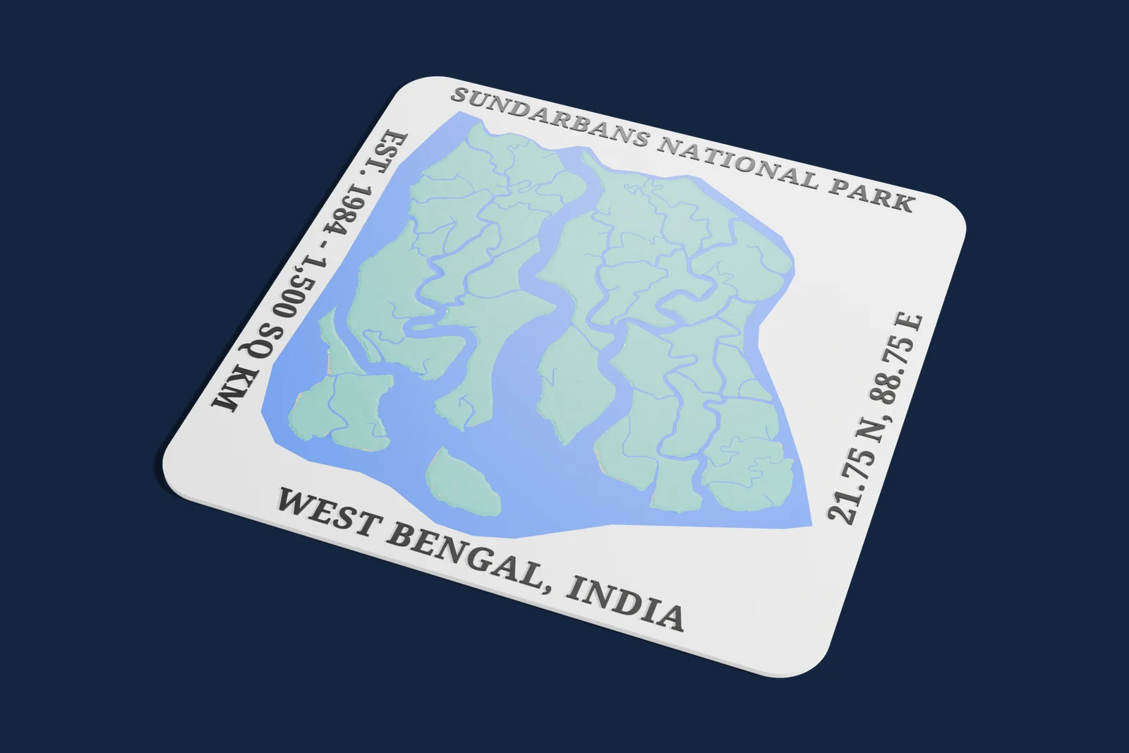 Render of a 3D printed relief map of Sundarbans National Park, with its terrain, water and land cover in their own colors.