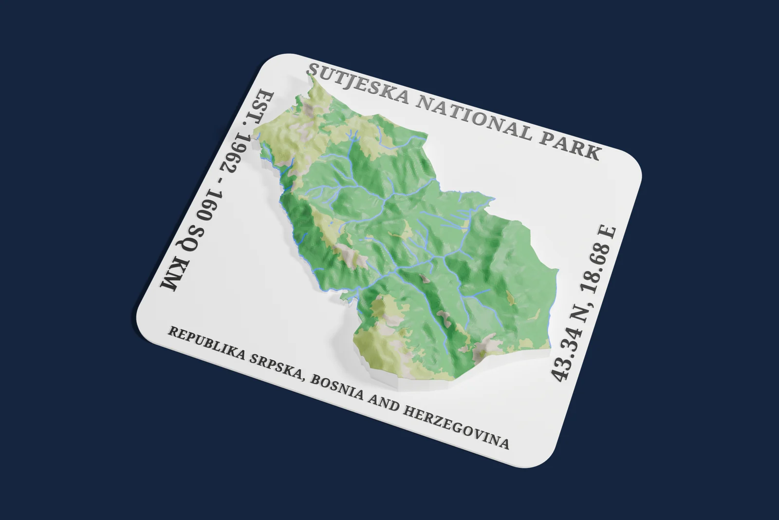 Render of a 3D printed relief map of Sutjeska National Park, with its terrain, water and land cover in their own colors.