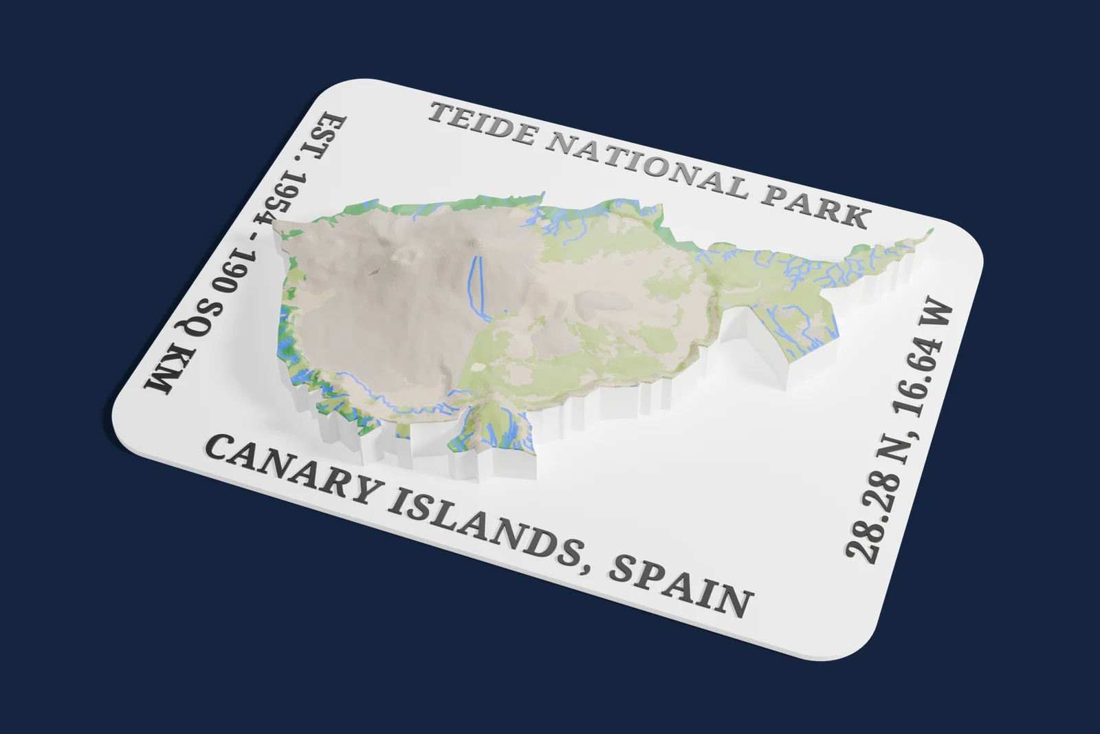 Render of a 3D printed relief map of Teide National Park, with its terrain, water and land cover in their own colors.
