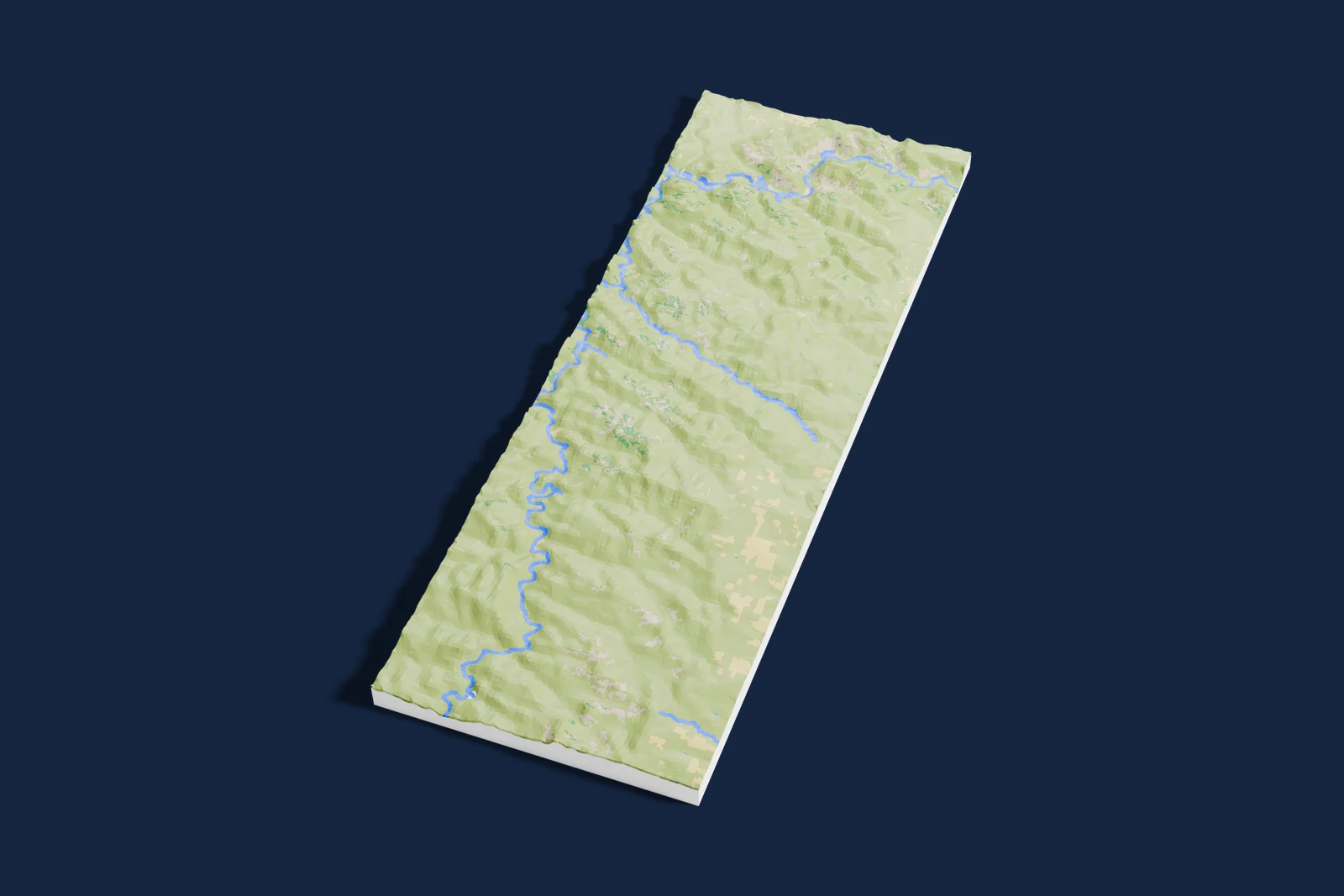 Render of a 3D printed relief map of Theodore Roosevelt National Park, with its terrain, water and land cover in their own colors.