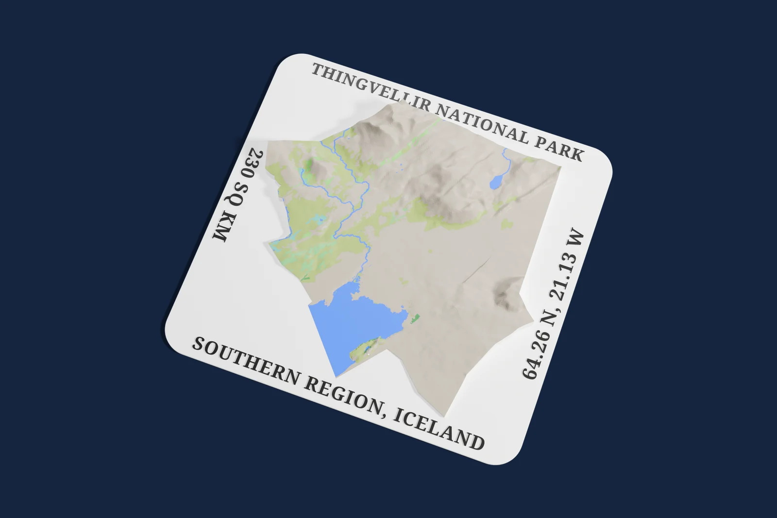 Render of a 3D printed relief map of Thingvellir National Park, with its terrain, water and land cover in their own colors.