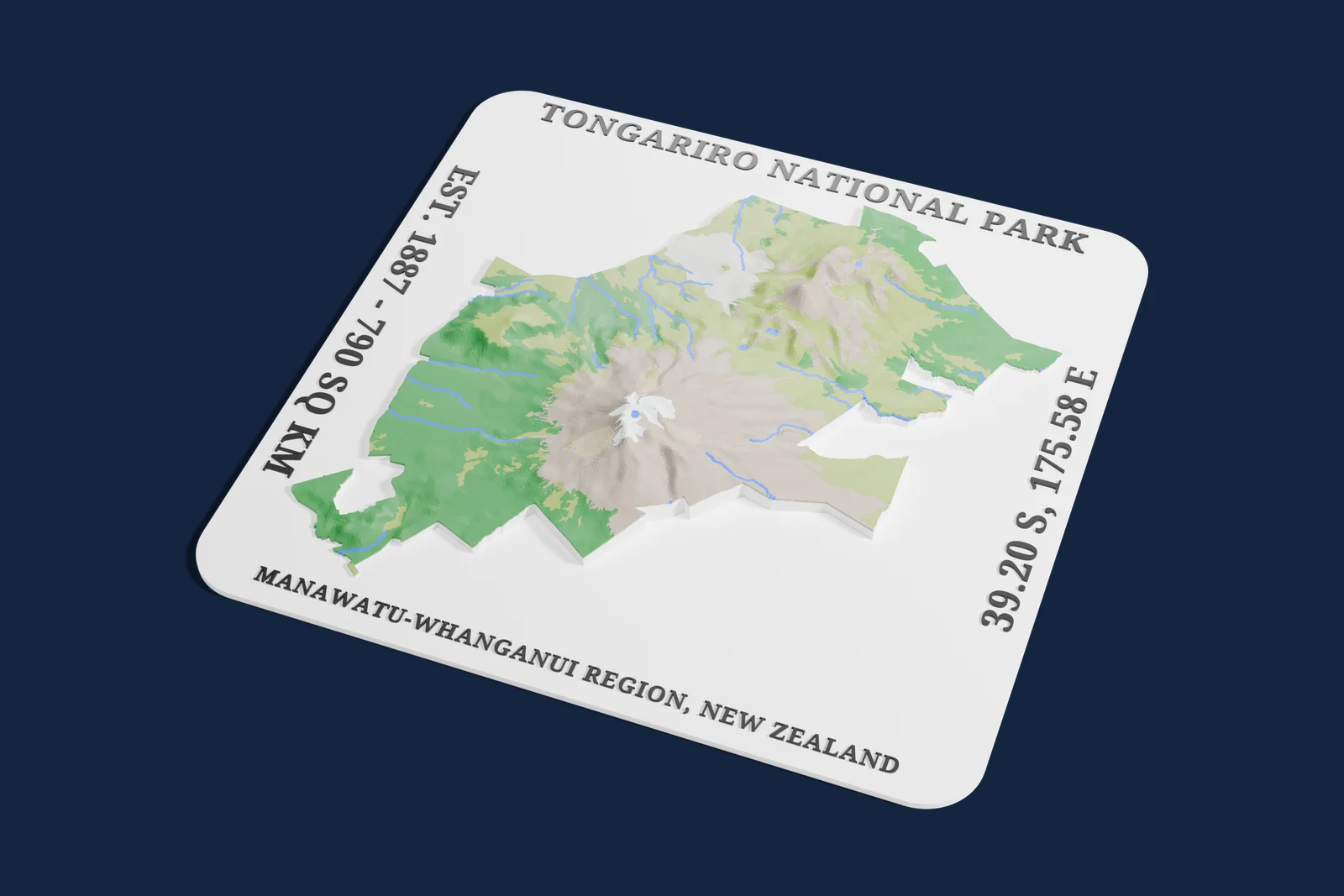 Render of a 3D printed relief map of Tongariro National Park, with its terrain, water and land cover in their own colors.