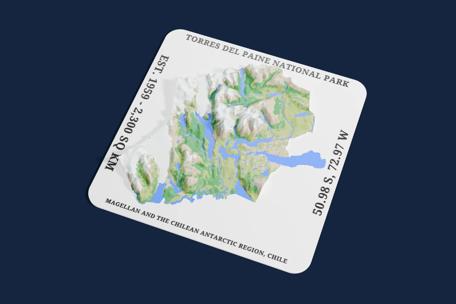 Render of a 3D printed relief map of Torres del Paine National Park, with its terrain, water and land cover in their own colors.