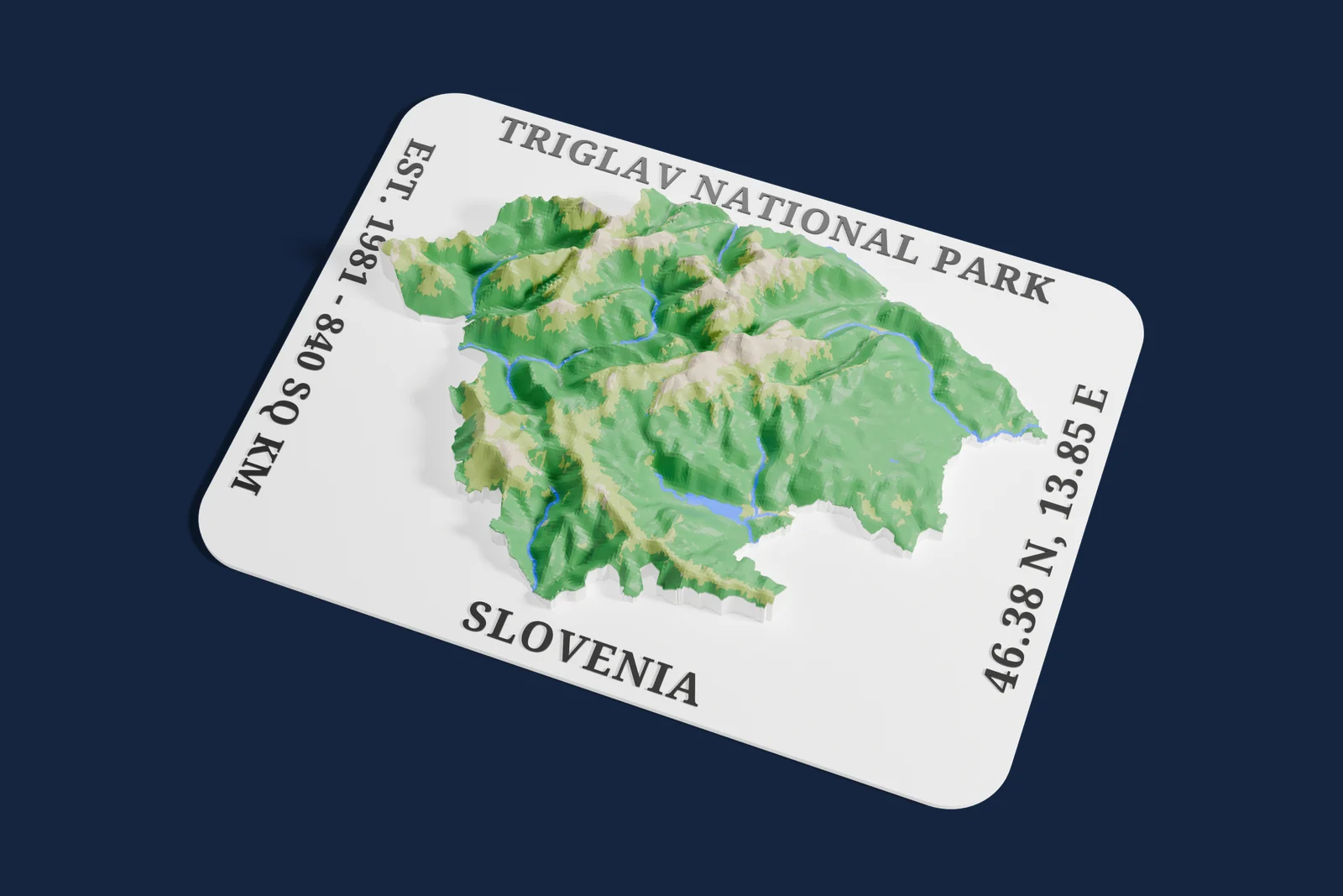 Render of a 3D printed relief map of Triglav National Park, with its terrain, water and land cover in their own colors.