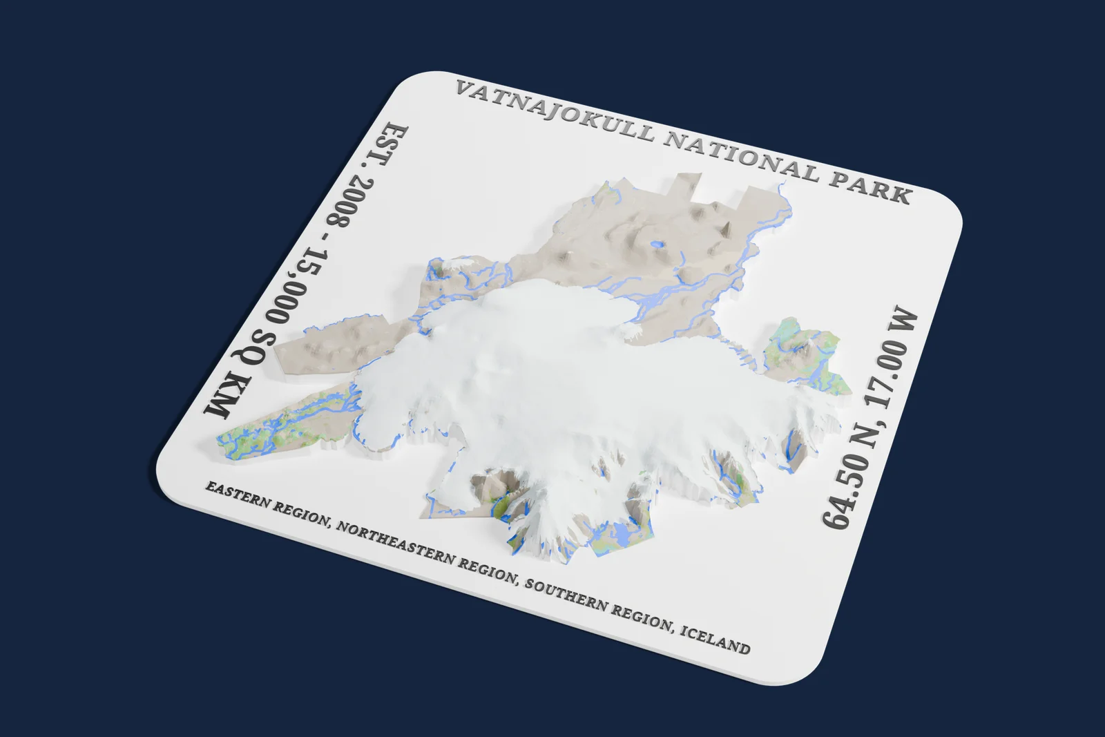 Render of a 3D printed relief map of Vatnajökull National Park, with its terrain, water and land cover in their own colors.