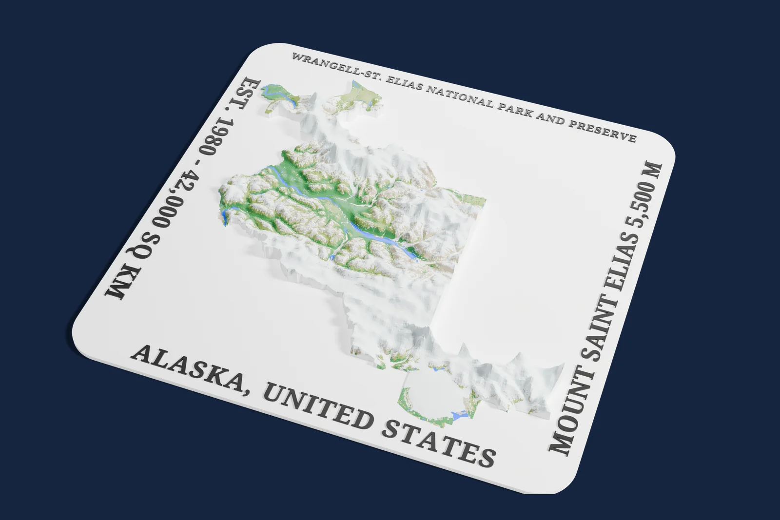 Render of a 3D printed relief map of Wrangell–St. Elias National Park and Preserve, with its terrain, water and land cover in their own colors.