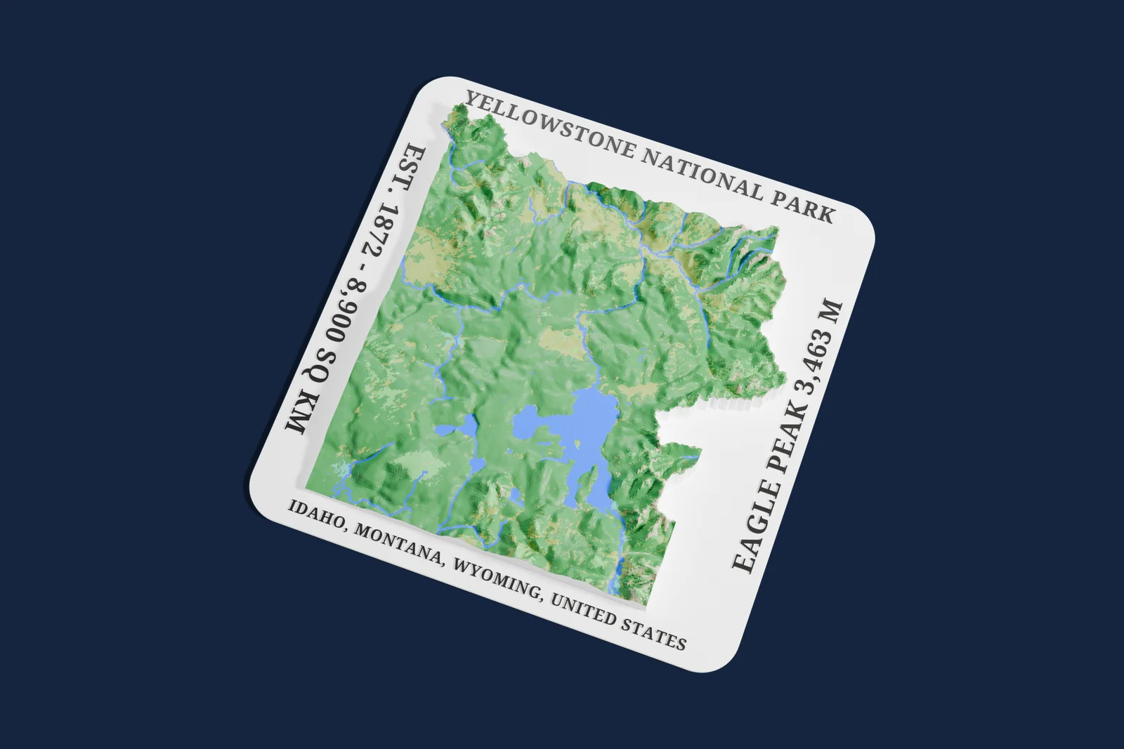 Render of a 3D printed relief map of Yellowstone National Park, with its terrain, water and land cover in their own colors.
