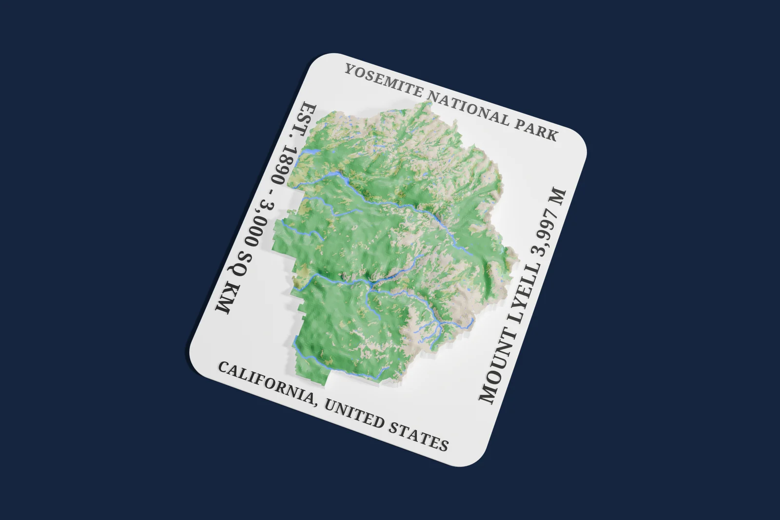 Render of a 3D printed relief map of Yosemite National Park, with its terrain, water and land cover in their own colors.