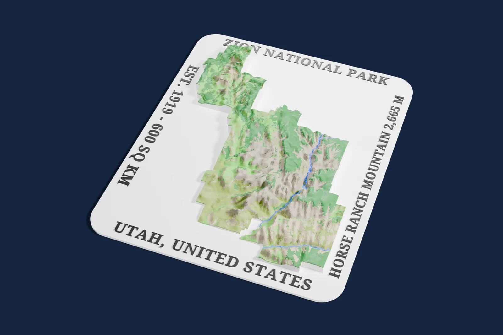 Render of a 3D printed relief map of Zion National Park, with its terrain, water and land cover in their own colors.