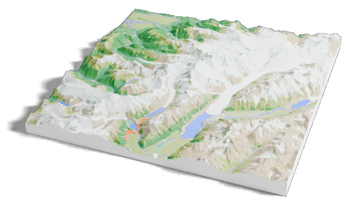 3D printed relief map of Aoraki / Mount Cook with the Hooker Valley Track as an orange line on the terrain.