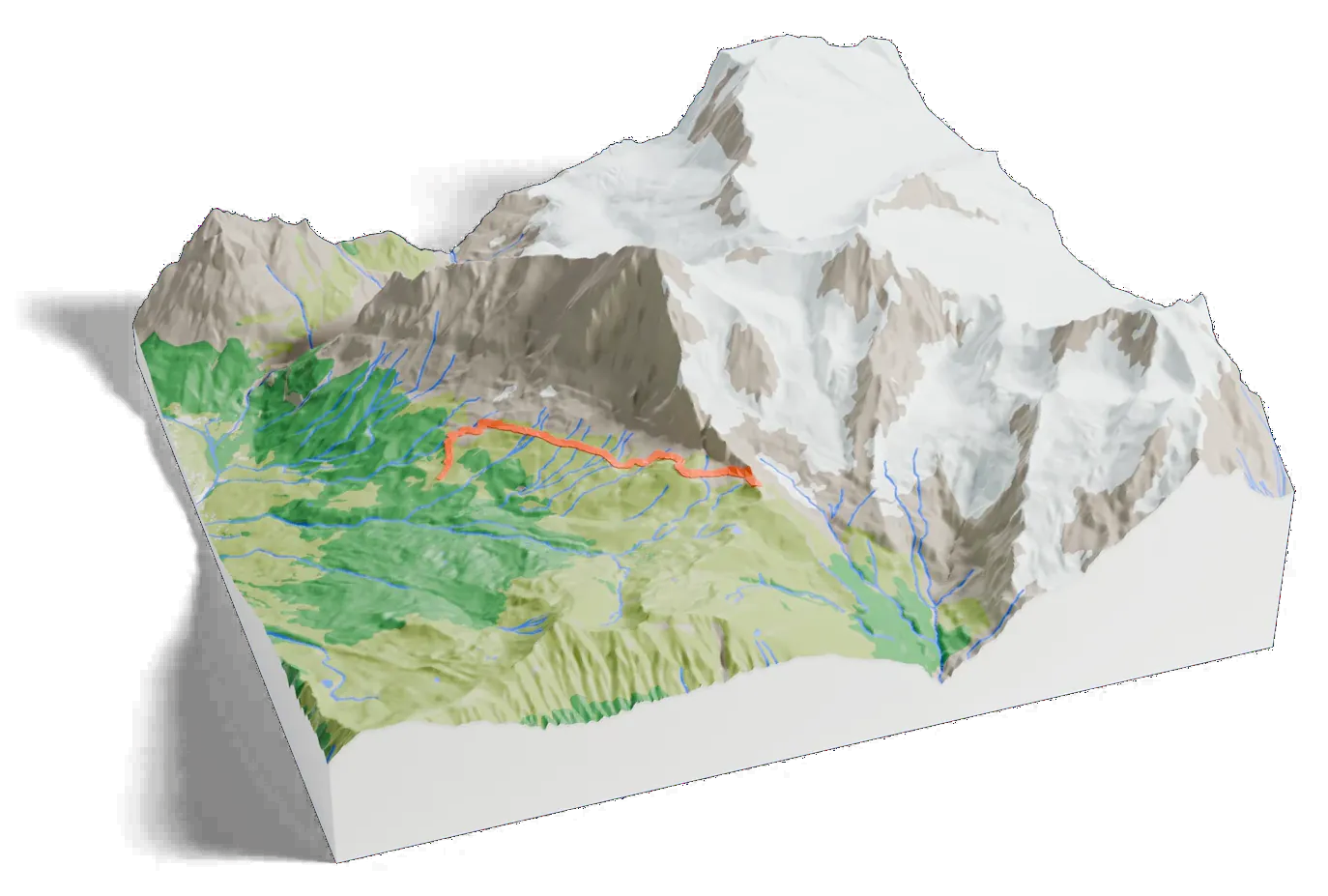 3D printed relief map of the Eiger with the Eiger Trail as an orange line on the terrain.