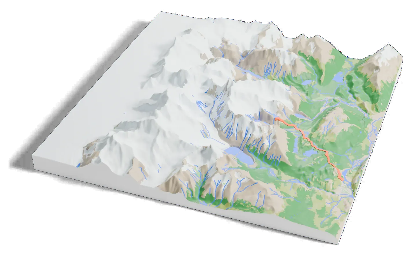 3D printed relief map of Fitz Roy with the Laguna de los Tres trail as an orange line on the terrain.