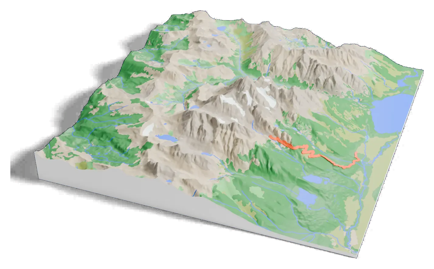 3D printed relief map of Grand Teton with the Garnet Canyon Trail as an orange line on the terrain.