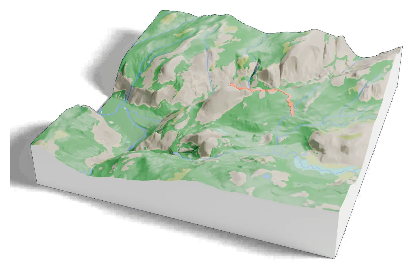 3D printed relief map of Half Dome with the Half Dome Trail as an orange line on the terrain.