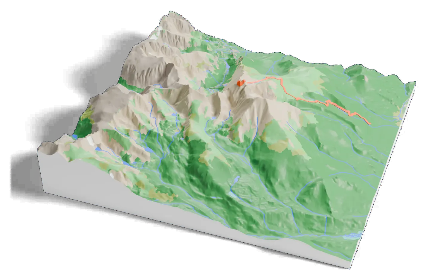 3D printed relief map of Longs Peak with the Longs Peak Trail as an orange line on the terrain.