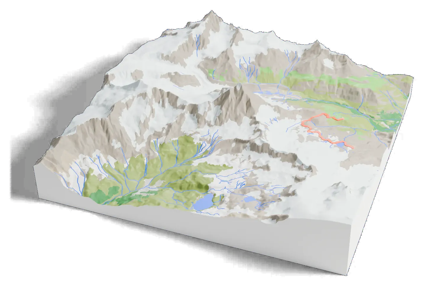 3D printed relief map of the Matterhorn with the Matterhorn Glacier Trail as an orange line on the terrain.
