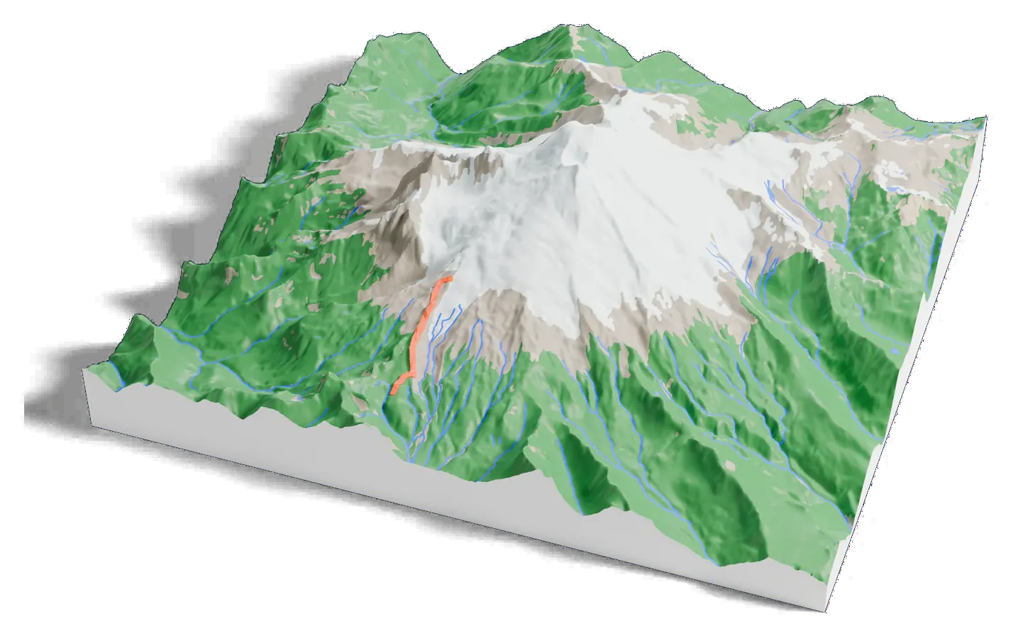 3D printed relief map of Mount Baker with the Railroad Grade Trail as an orange line on the terrain.