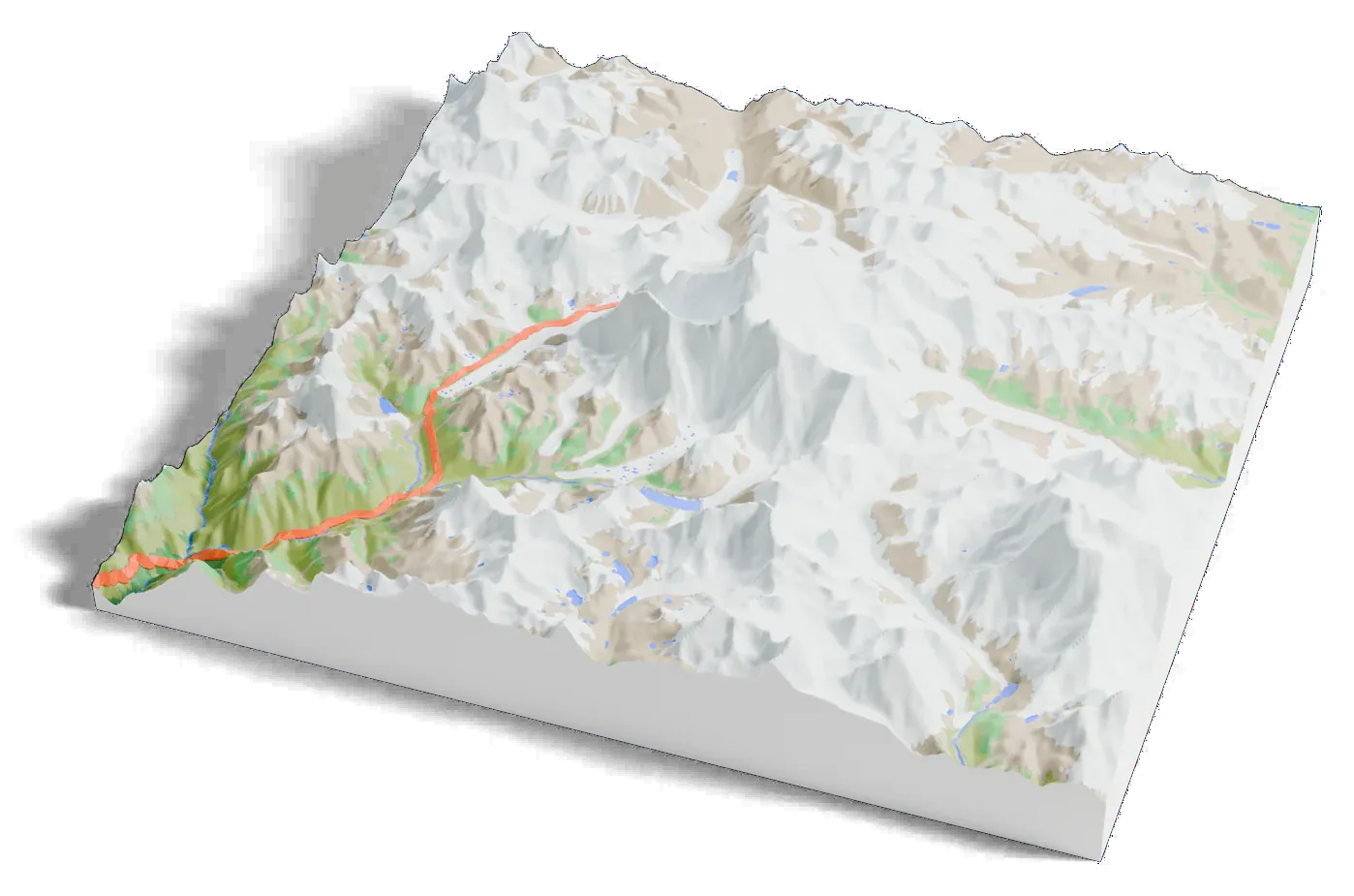 3D printed relief map of Mount Everest with the Everest Base Camp Trek as an orange line on the terrain.