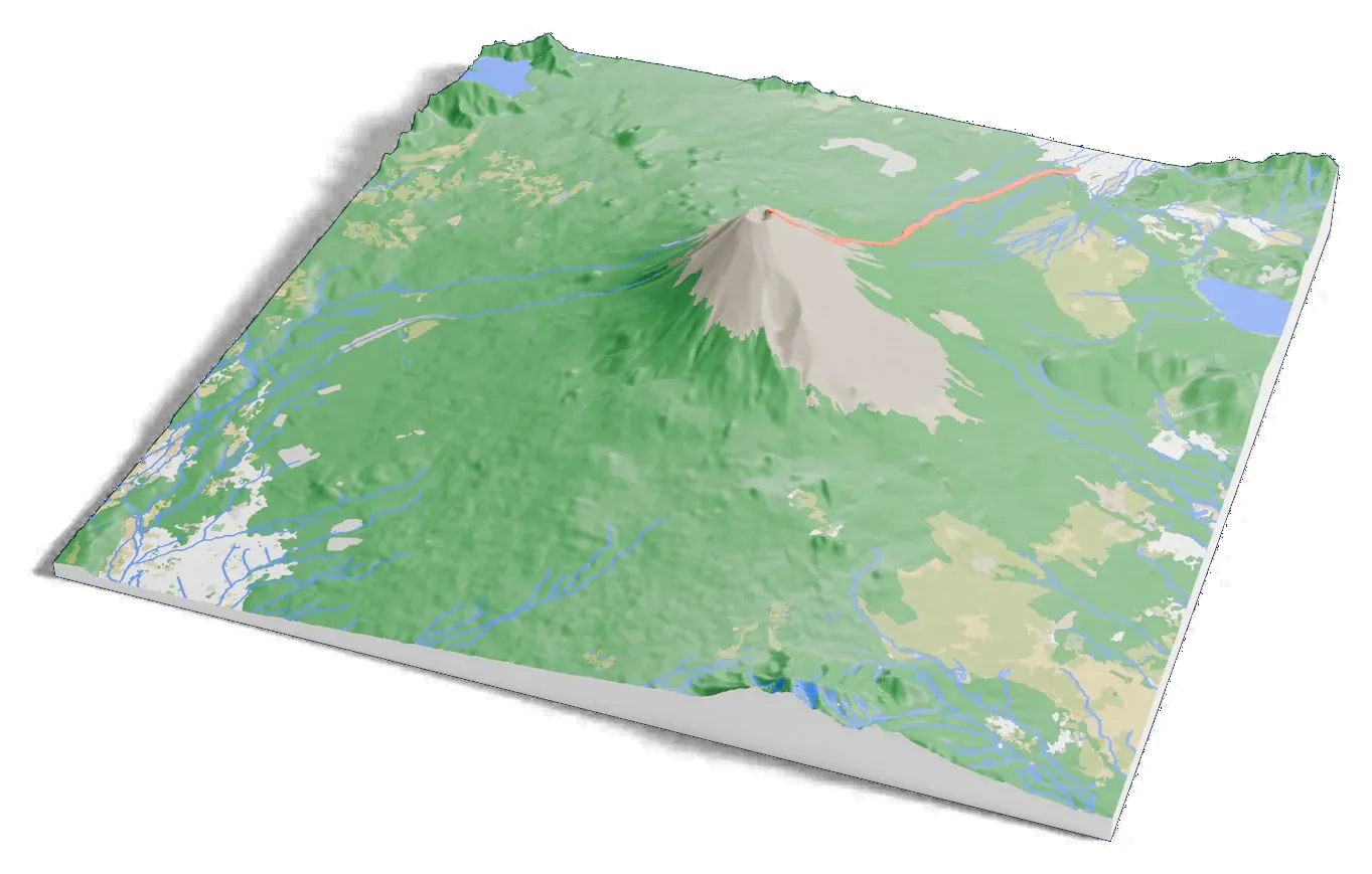 3D printed relief map of Mount Fuji with the Yoshida Trail as an orange line on the terrain.