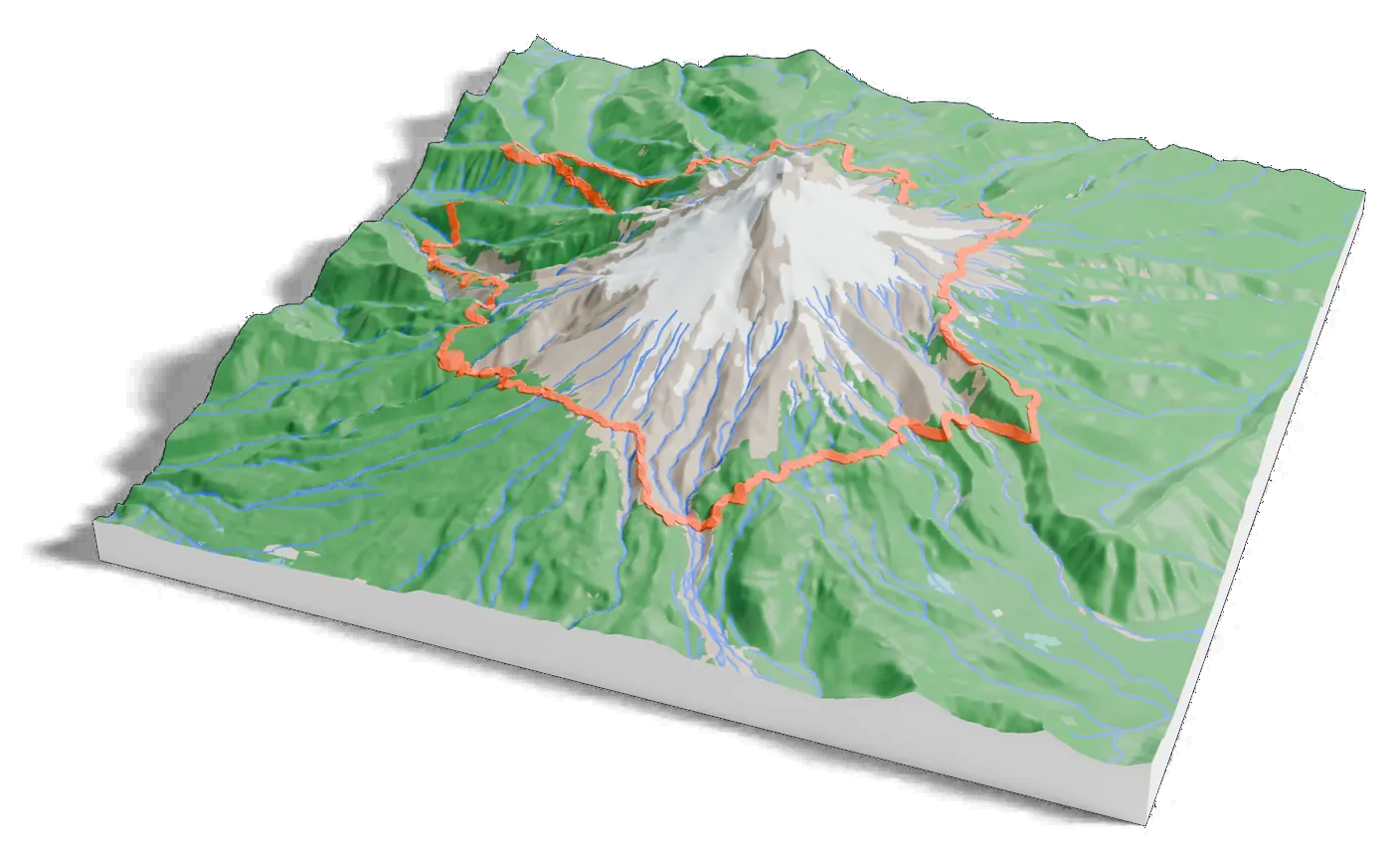 3D printed relief map of Mount Hood with the Timberline Trail as an orange line on the terrain.