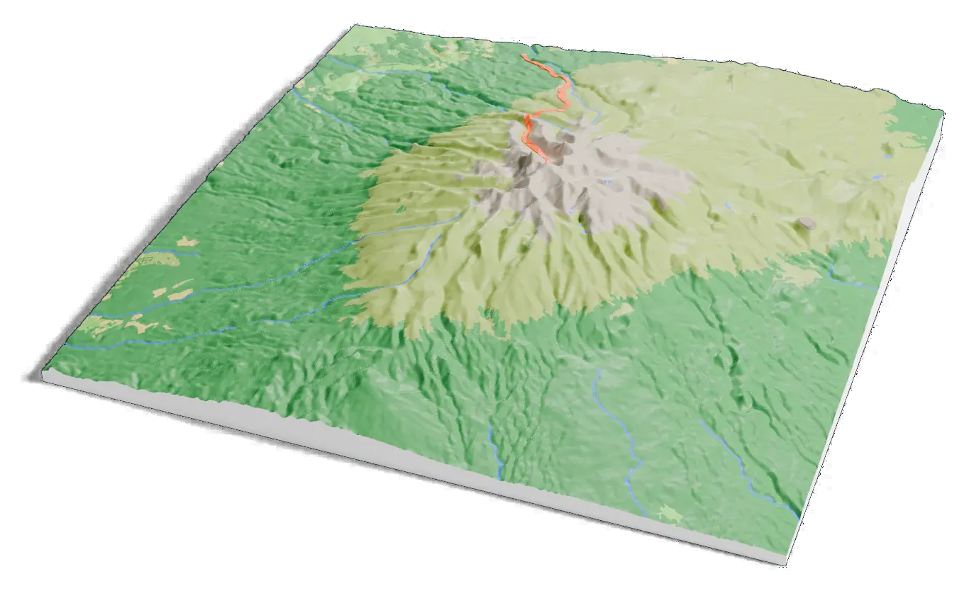 3D printed relief map of Mount Kenya with the Sirimon route as an orange line on the terrain.