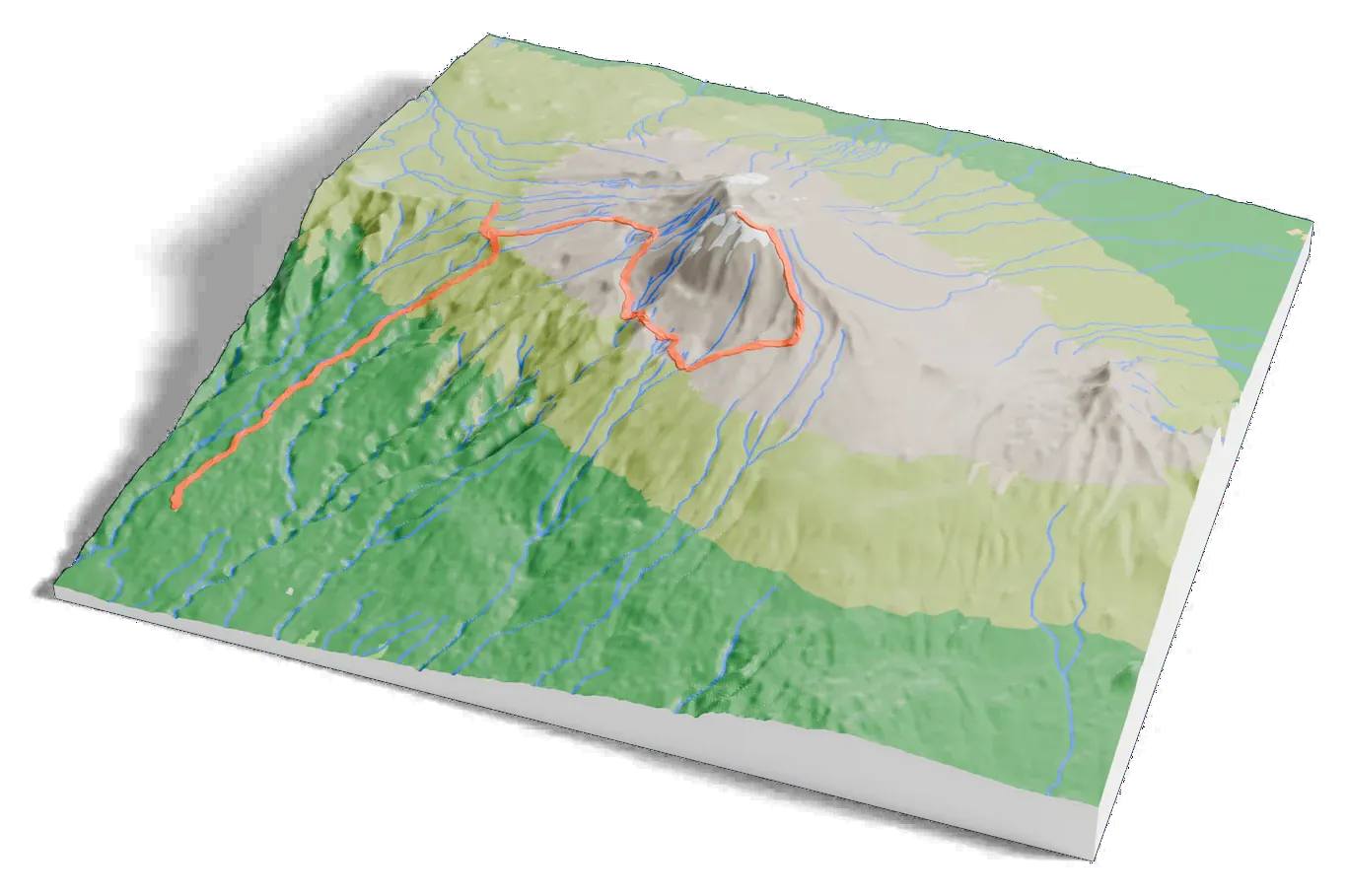 3D printed relief map of Mount Kilimanjaro with the Machame Route as an orange line on the terrain.