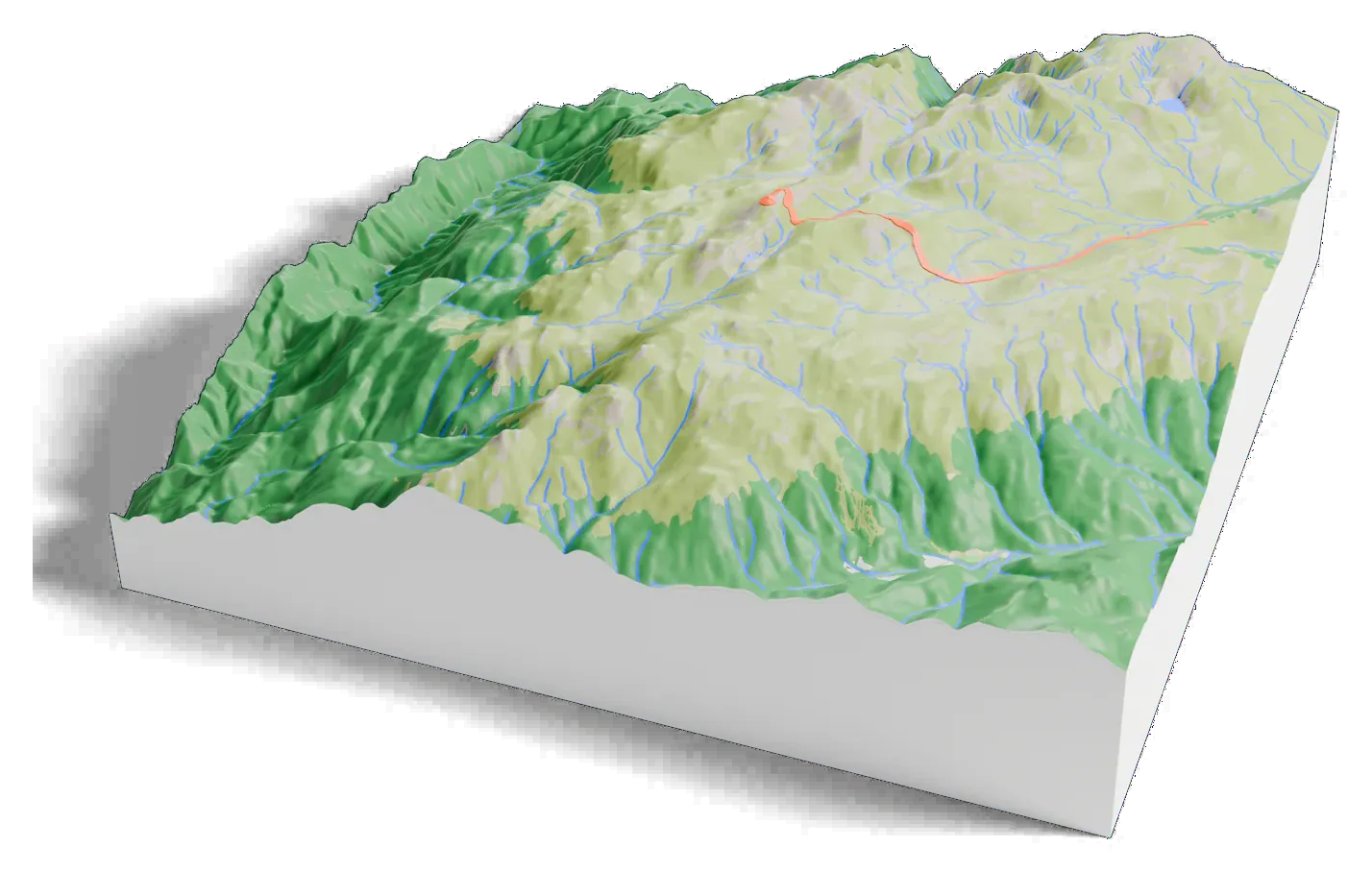 3D printed relief map of Mount Kosciuszko with the Kosciuszko Summit Walk as an orange line on the terrain.