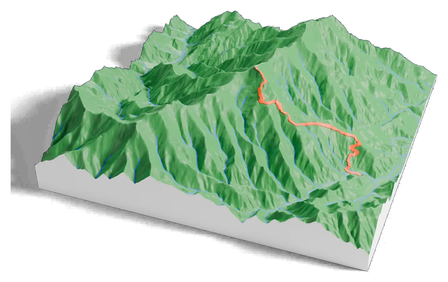 3D printed relief map of Mount Mitchell with the Mount Mitchell Trail as an orange line on the terrain.