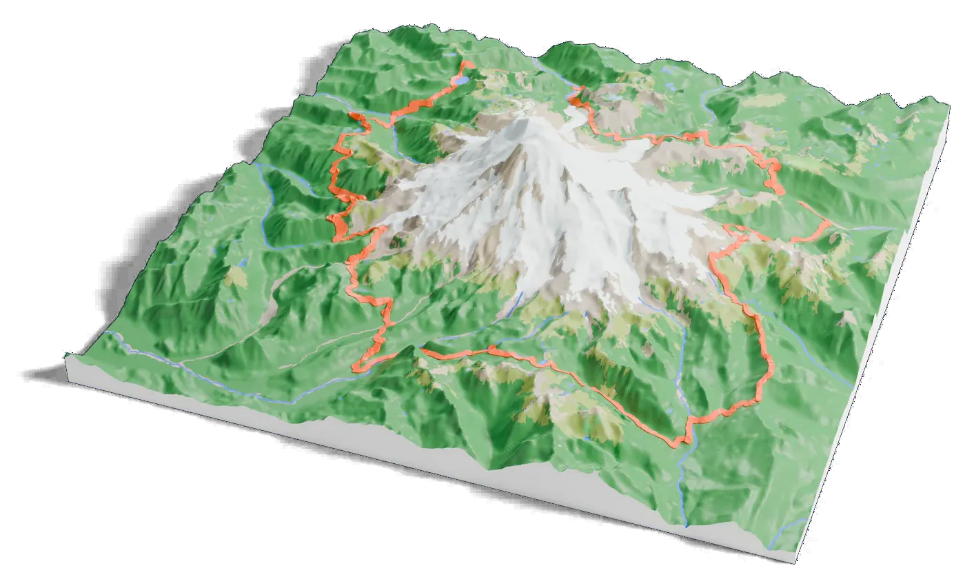 3D printed relief map of Mount Rainier with the Wonderland Trail as an orange line on the terrain.