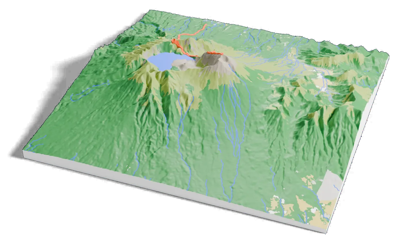 3D printed relief map of Mount Rinjani with the Senaru route as an orange line on the terrain.