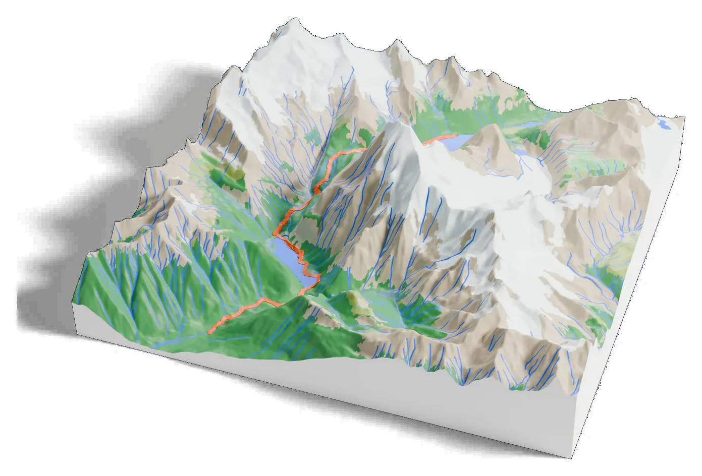 3D printed relief map of Mount Robson with the Berg Lake Trail as an orange line on the terrain.
