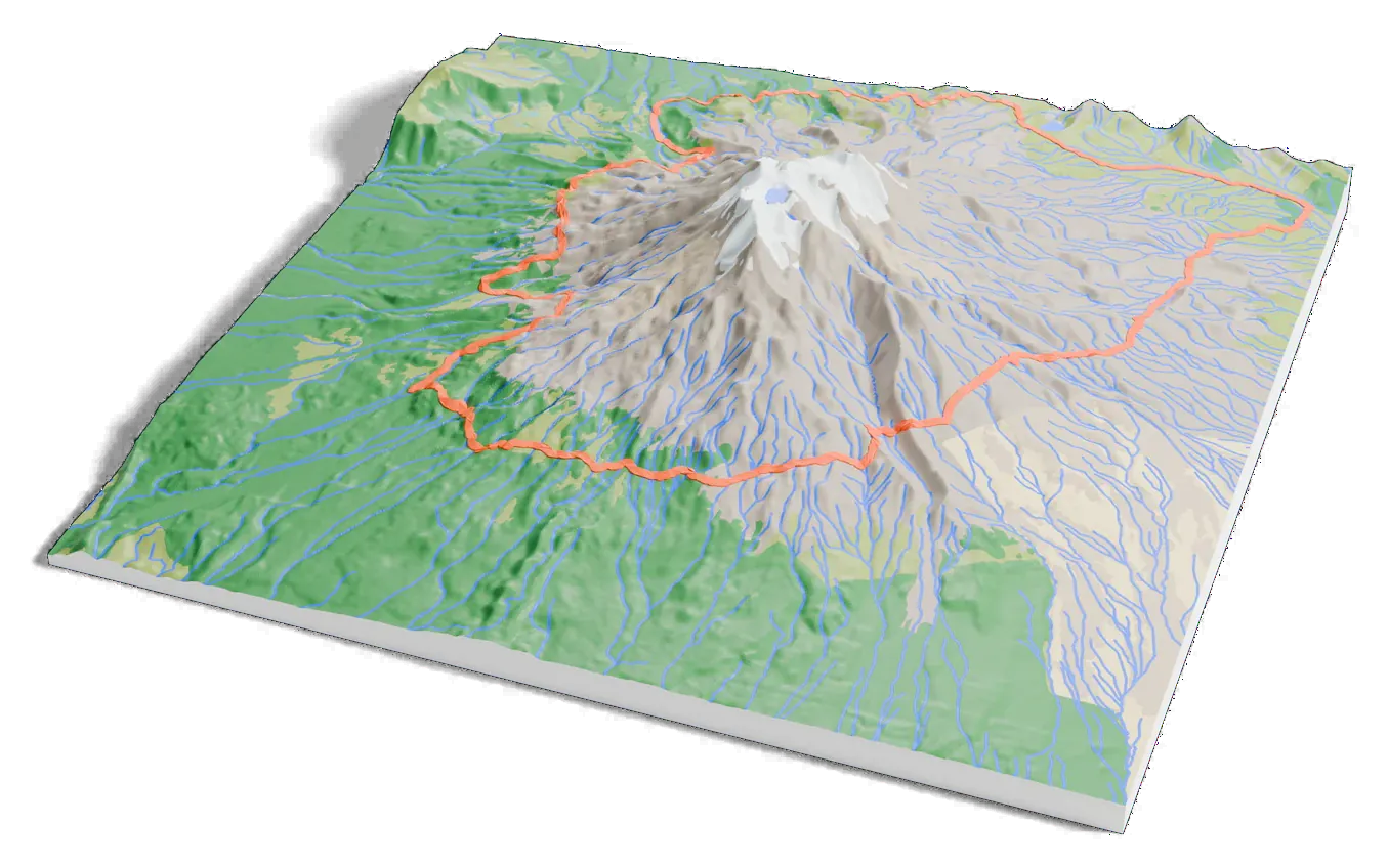 3D printed relief map of Mount Ruapehu with the Round the Mountain Track as an orange line on the terrain.