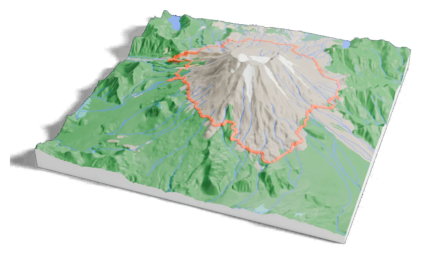 3D printed relief map of Mount St. Helens with the Loowit Trail as an orange line on the terrain.