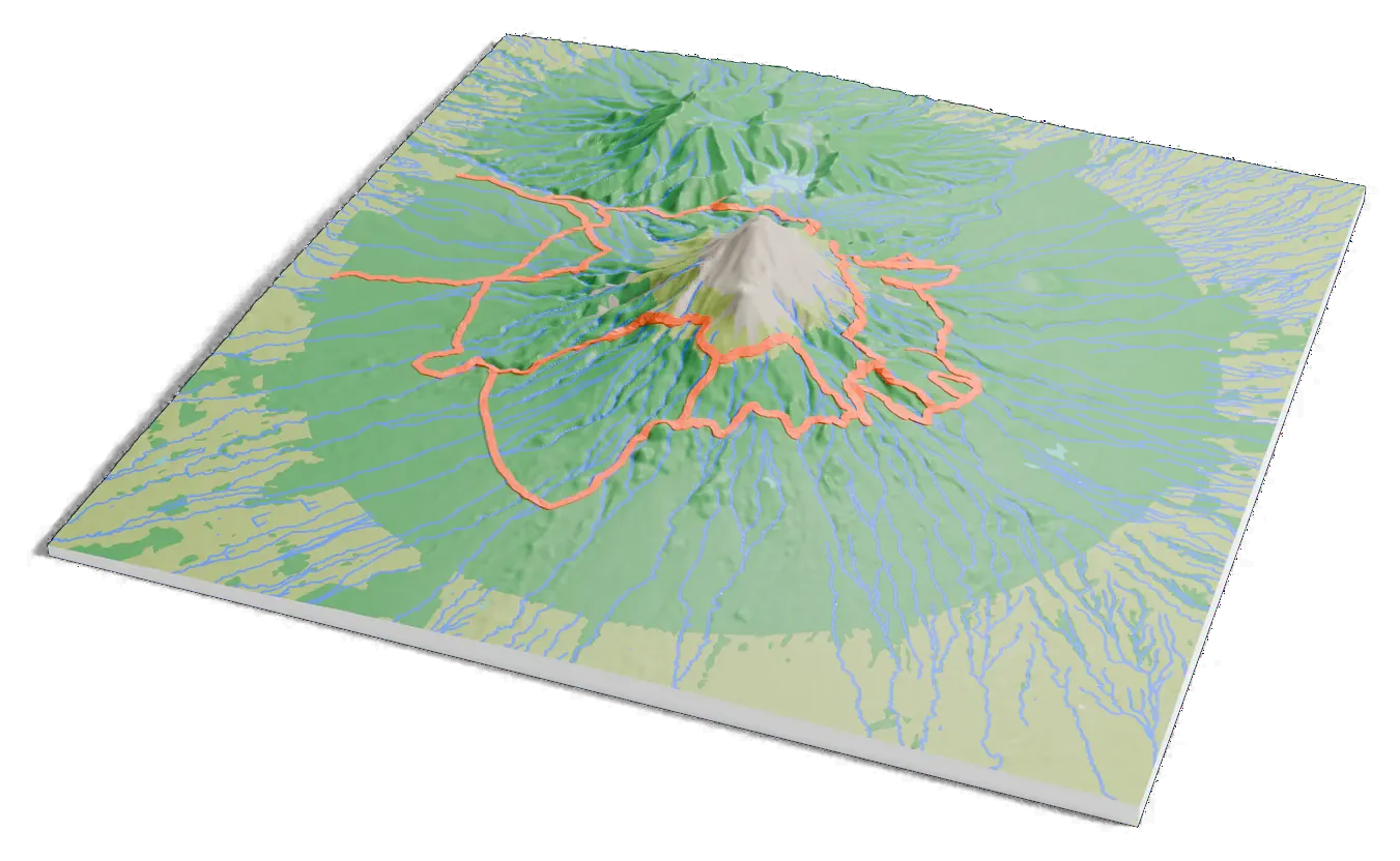 3D printed relief map of Mount Taranaki with the Around the Mountain Circuit as an orange line on the terrain.