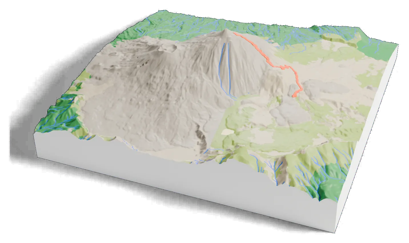 3D printed relief map of Mount Teide with the Montaña Blanca route as an orange line on the terrain.
