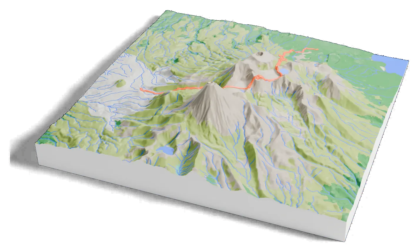 3D printed relief map of Mount Tongariro with the Tongariro Alpine Crossing as an orange line on the terrain.